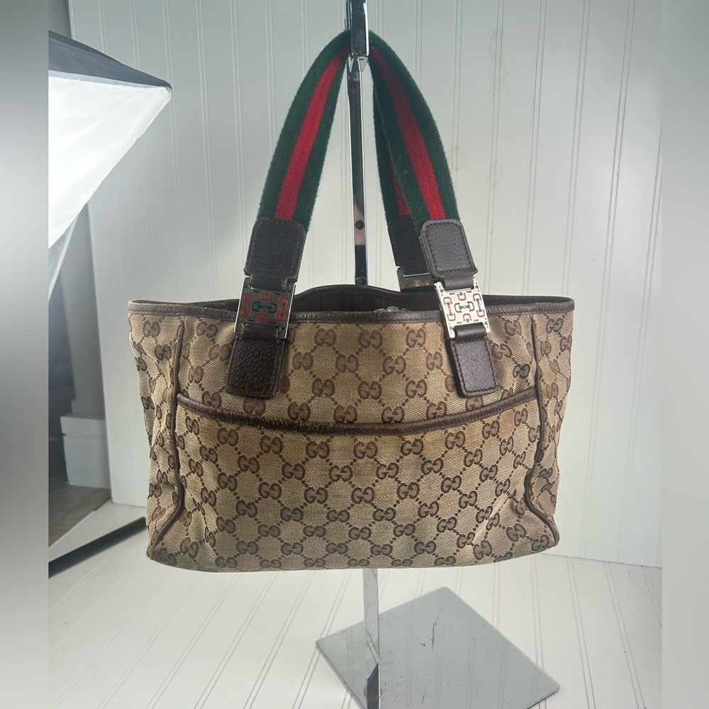 Gucci Vintage GG Supreme Monogram Tote Bag with Web Stripe Handles + Dust Bag - Picture 12 of 13